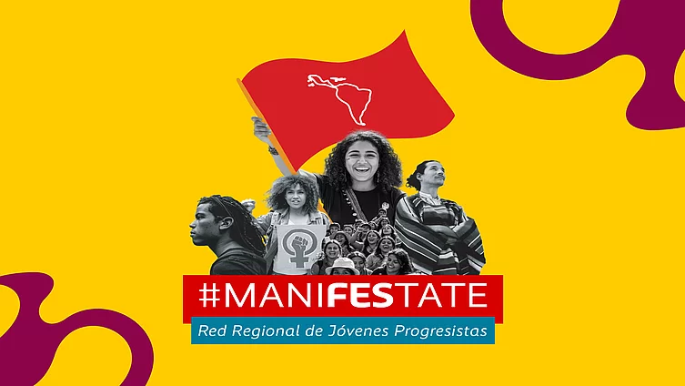 Collage de jóvenes latinoamericanos con la identidad visual de MANIFESTATE. 