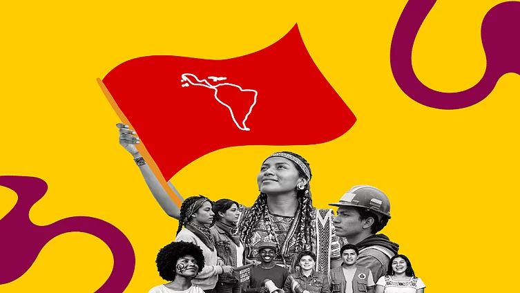 Imagen de Collage con jóvenes de la región. Sostinen una bandera con el mapa de América Latina